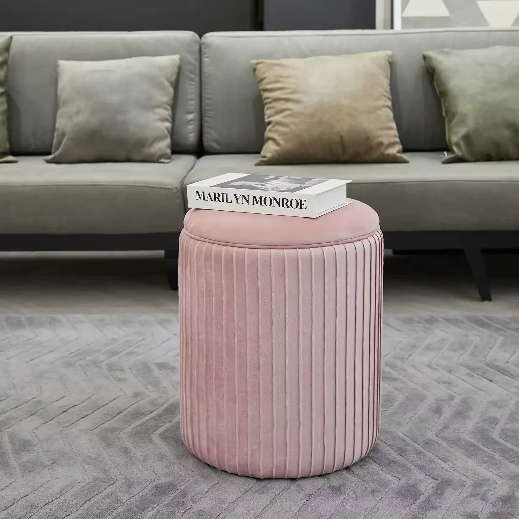 lnexpensive VELVET+MDF+WOOD+FOAM Ottoman Dressing Round Stool Pink VelvetOttoman Chair Sitting Room