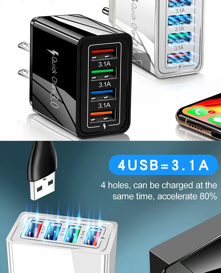 Fast Charging EU US UK 4 Ports 3.1A Mobile Cable Phone QC 3.0 Travel Wall Charger for IOS Android Power Bank