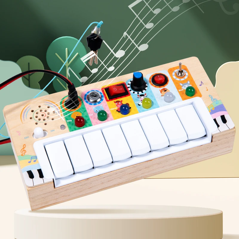 Neueste Kinder Holz Sensory Toys Fidget Musik Spielzeug Montessori Kleinkinder Elektronische Busy Board Spielzeug mit 6 LED Lichtschalter Lieferant