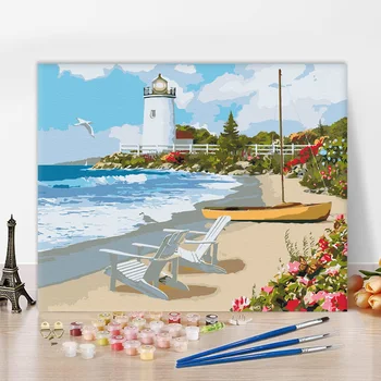 wholesale beach lighthouse paint by numbers for adults and kids pictures painting paint by numbers kits on canvas