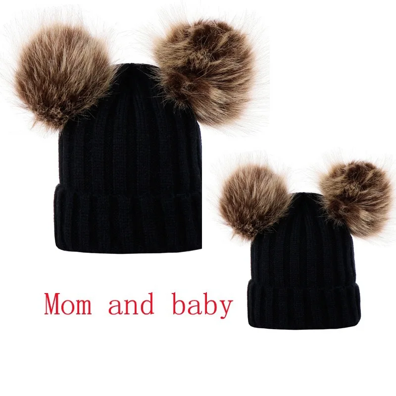 Women Blend Knit Fur Pom Beanie Hat Cap 