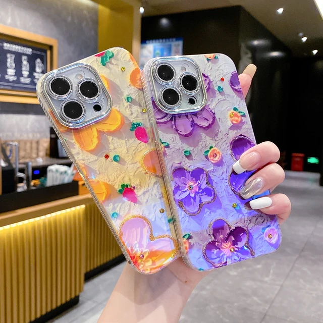 luxury Blue light oil painting flower drop glue sparkling diamond purple yellow for iphone 15 14Pro max for women phone case