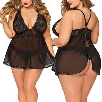 Women Sexy Lingerie Plus Size Lace Sleepwear Dress Transparent Open Back Hollow-out Chemise Babydoll Sexy Nightdress