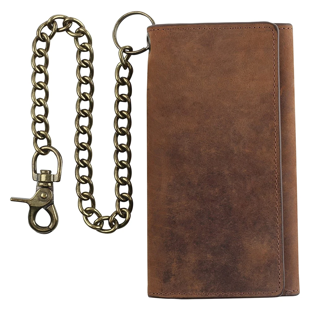 Mens Genuine Leather Trifold Wallet with Chain Biker Trucker wallet with Long Heavy Duty Chain Brown 