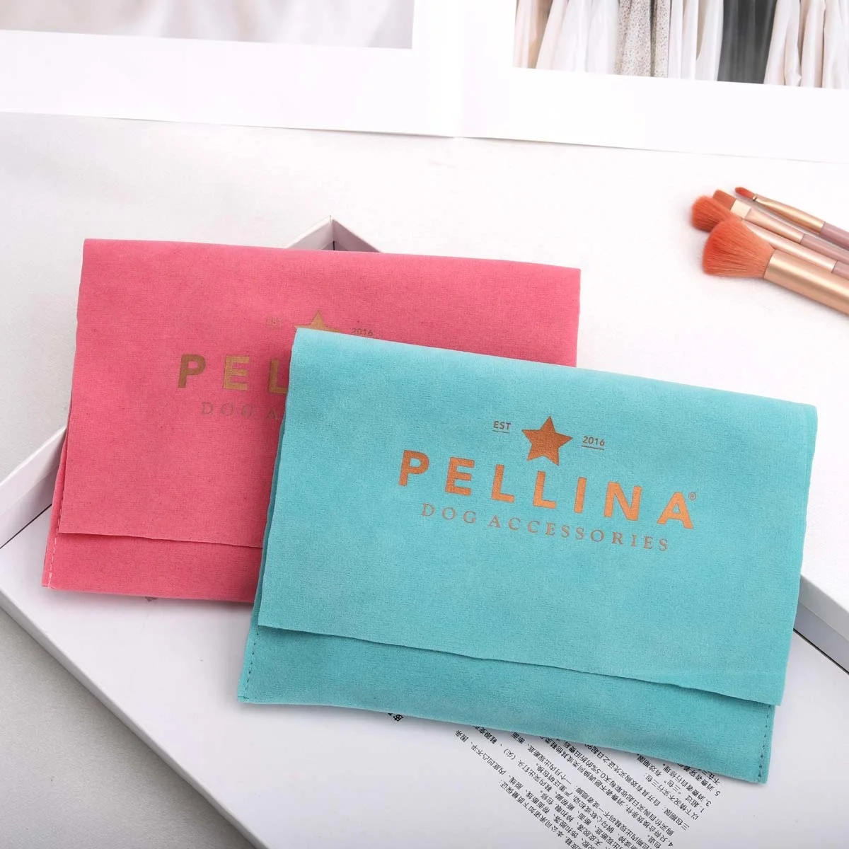 High End Logo Printing Reusable Pink Blue Velvet Envelope Jewelry Pouch Luxury Flannel Gift Wallet Handbag Dust Bag