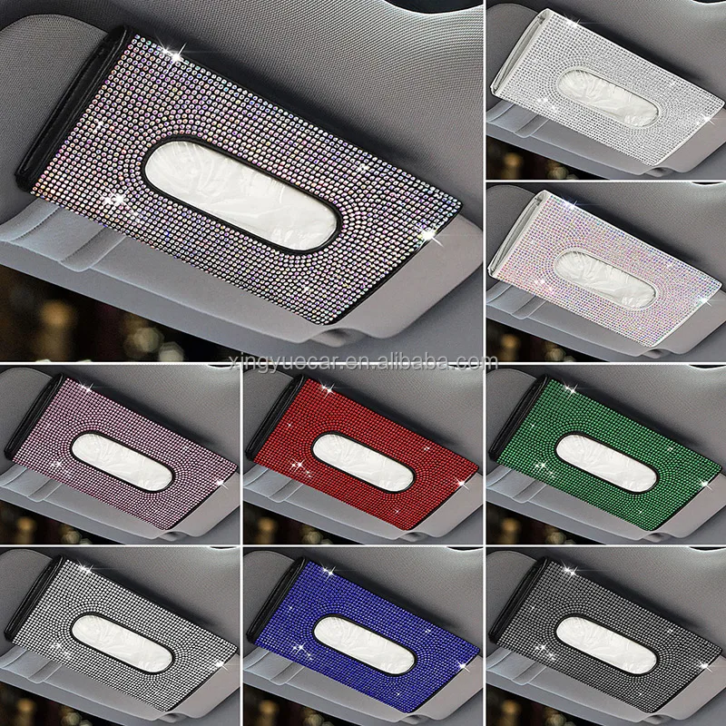Car Back Seat Napkin Holder Bling Crystal Rhinestones Car Visor Tissue Box Case 