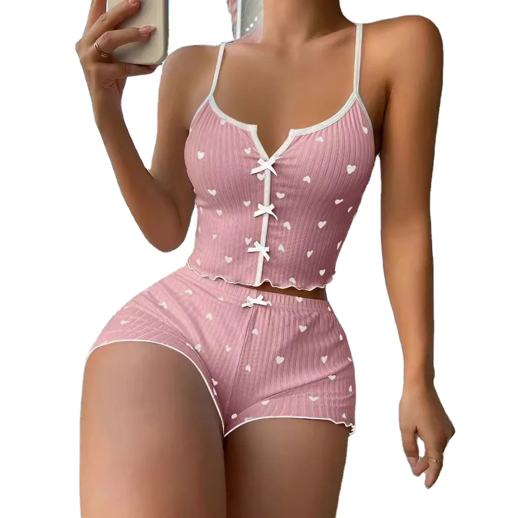 Satin Pajama Set with Heart-Shape Front Slit Camisole Color-Blocking Satin Homewear Elastic Waist