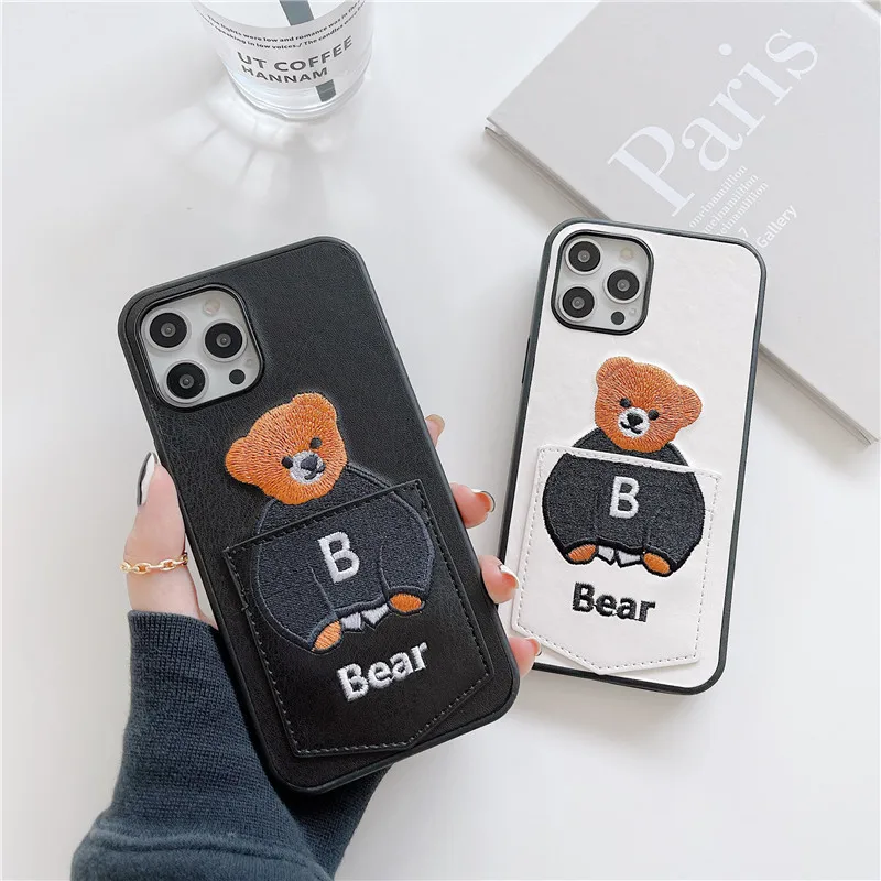 Cute Shell Cover Phone Card Pocket Bear Cartoon Leather Phone Cases for Apple iPhone 15 14 13 12 11 pro max Case