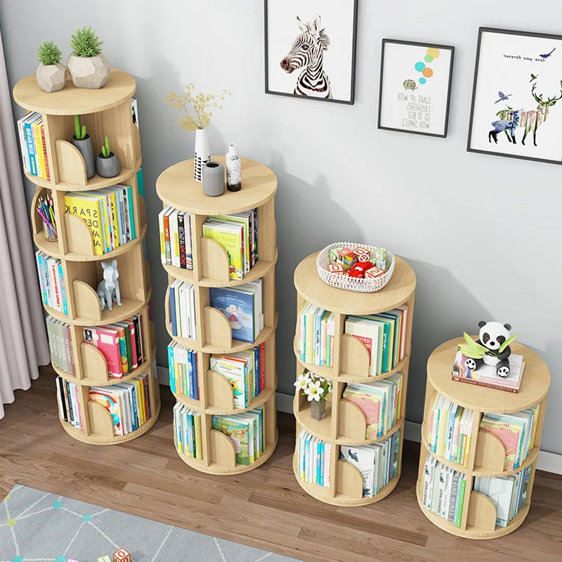 Solid Wood Rubber Wood Rotary Bookcase Bookshelf Children's Toy Storage