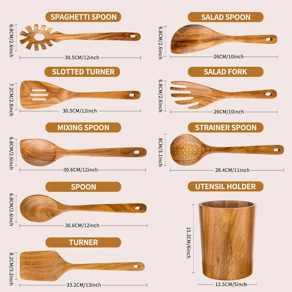 12 PCS Kitchen Cooking Wooden Measuring Spoon Spatula Natural Acacia Wood Kitchen Utensils Set Cooking Accessories Utensils Sets