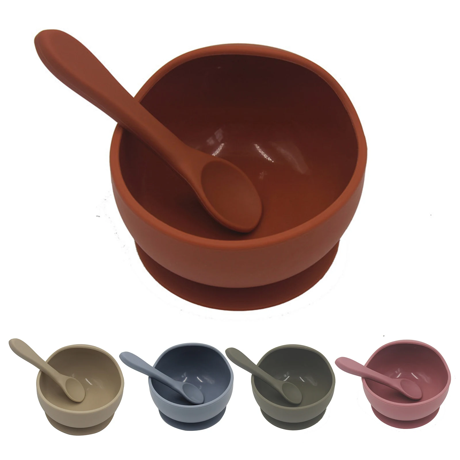 USSE Hot Selling BPA Free 1set Feeding Colour Kids and Babies Learning Dishes Non-Slip  Silicone Suction Bowl & Spoon Set