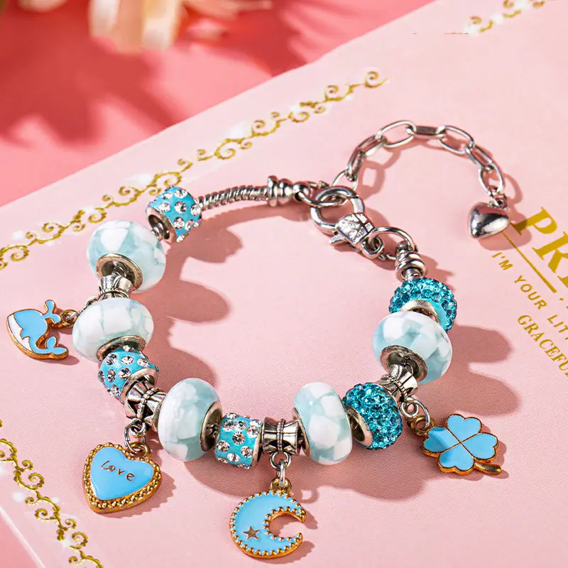 Girl Teens Handmade String Beads Craft Gifts Set Colorful Enamel Crystal Charm Bracelet Beads