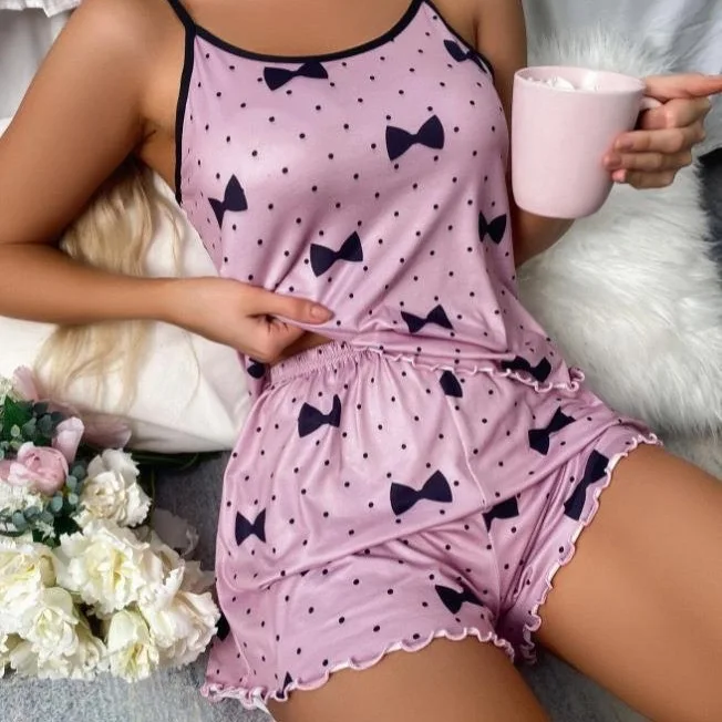 European American Women's Two-Piece Summer Pajamas Set Casual Sexy Camisole Shorts Solid Home Wear
