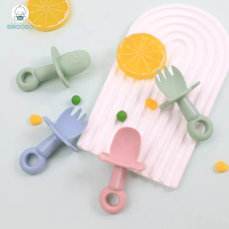 Silicoco Kids Fork and Spoon for Children travel Feeding Soft Silicone Baby Spoon and Fork Set