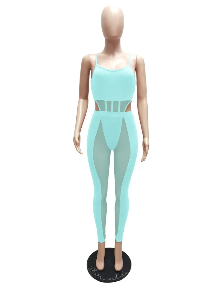 Woman 2pcs Mesh Suit Solid Color Sleeveless Short Jumpsuit+Pencil Pant Tracksuit