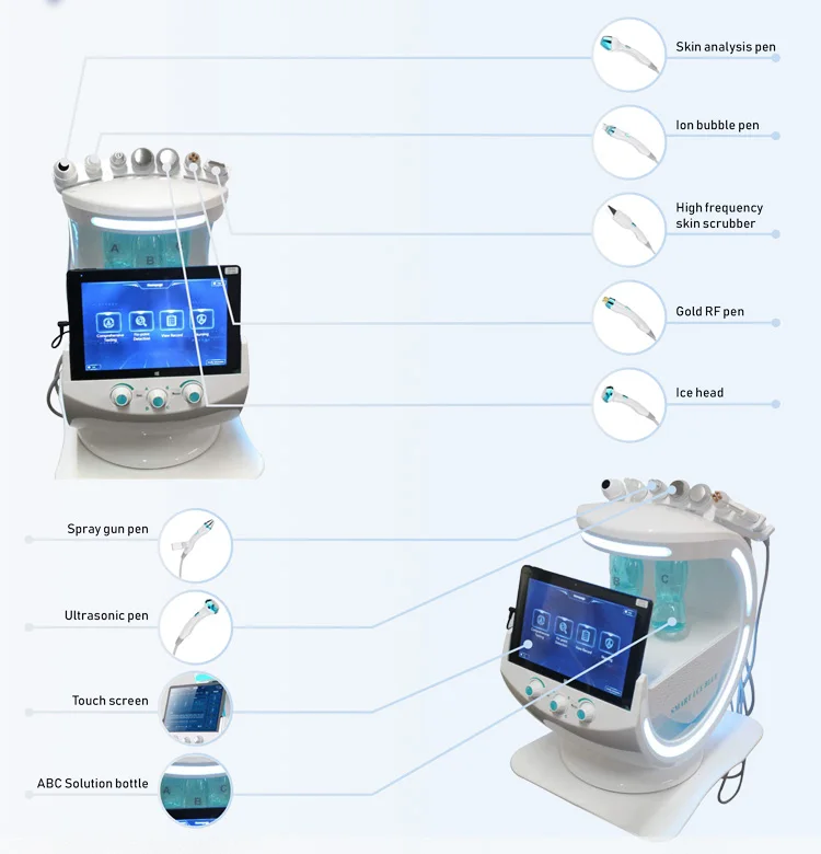 Multifunctional 7 in 1 Portable Smart Ice Blue RF Hydra Dermabrasion Oxygen Water Peeling Facial beauty machine skin analyzer