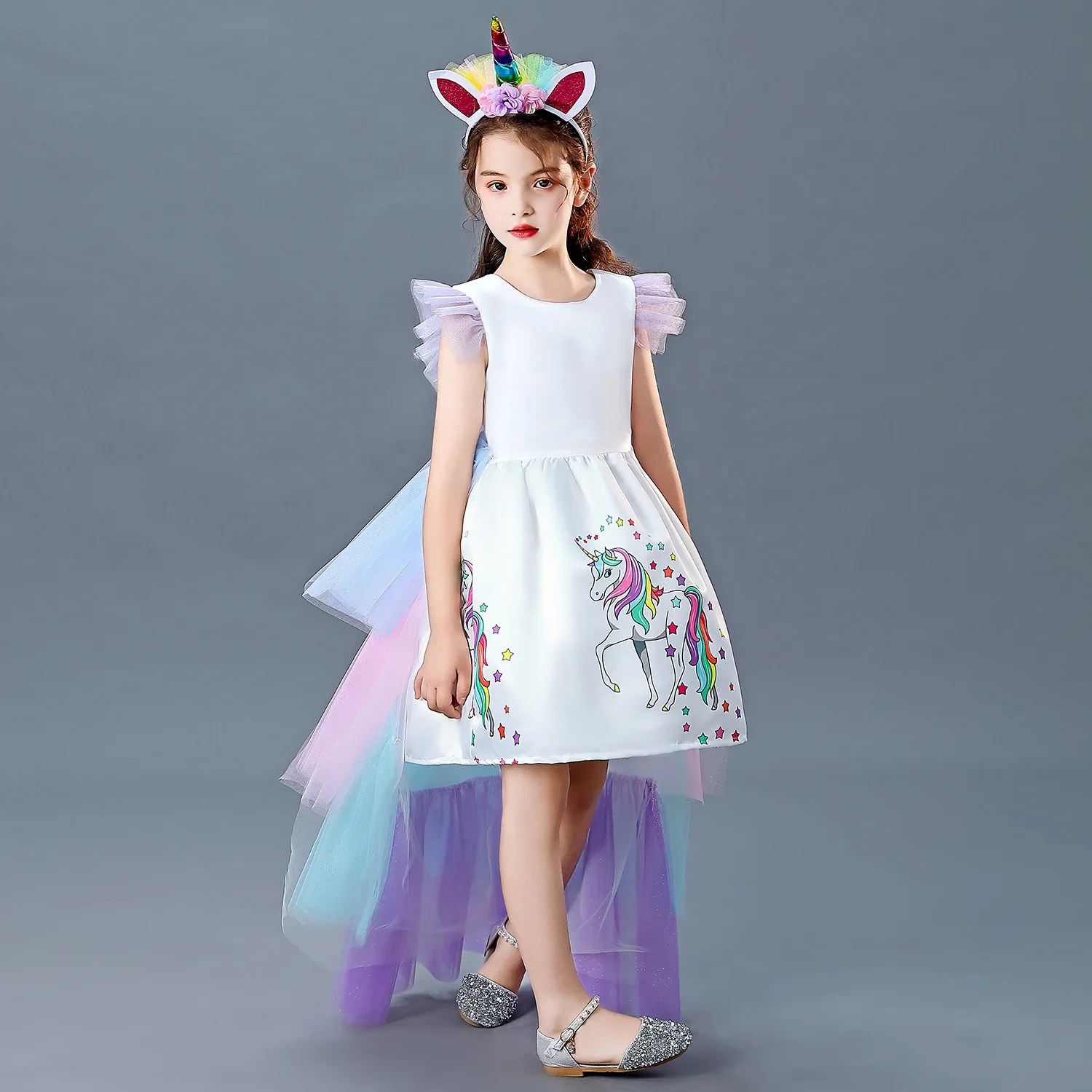 Kid Cute Cartoon Printed Removable Rainbow Mesh Cloak Dress Fancy Princess Party Summer Casual girls dresses Unicorn Clothes