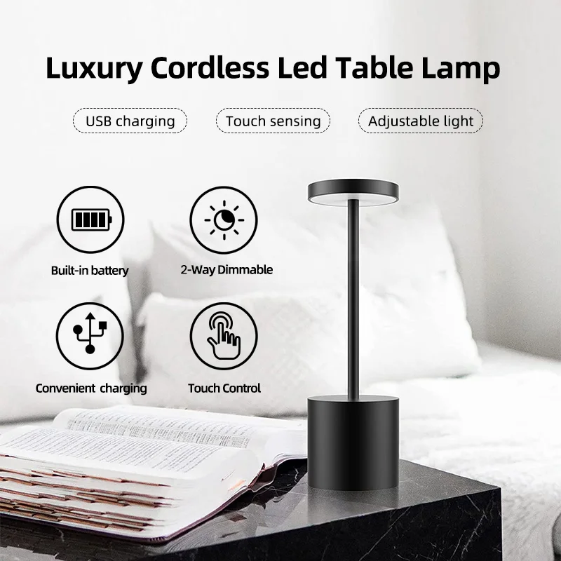 Amelech Aluminum Alloy 1800mAh Cordless Led Touch Bedside Outdoor Bar Modern Wireless Led Table Lamp with usb Recharge