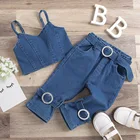 Girls Set Fashion Denim Toddler Girls Summer Outfits Suit Sleeveless Crop Tops +pants Set 2Pcs Set