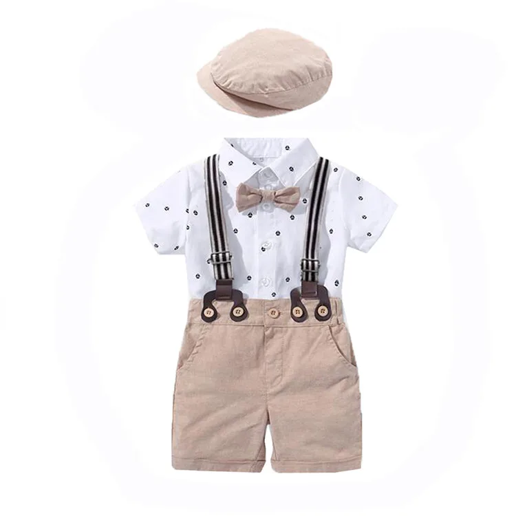 Baby Boys Gentleman Outfits Suits Infant Shirt+Shorts+Bow Tie+Suspender Clothes Set 