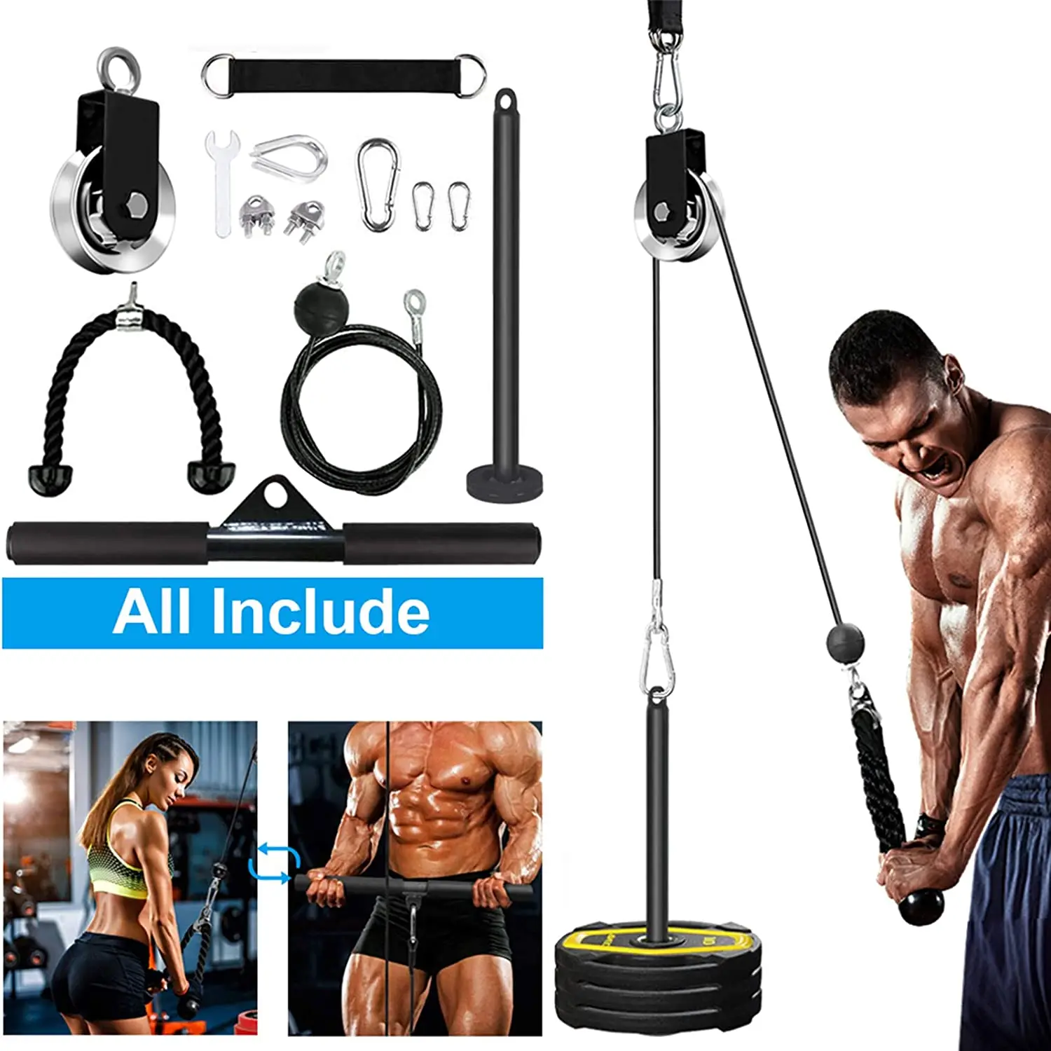 Home Gym Cable Pulley System for Weight Lifting Curl Bar LAT Bar Cable Machine Accessories LAT Pulldown Pulley System Gym with LAT Pull Down Bar Attachments DIY Pulley Cable Machine Attachments 