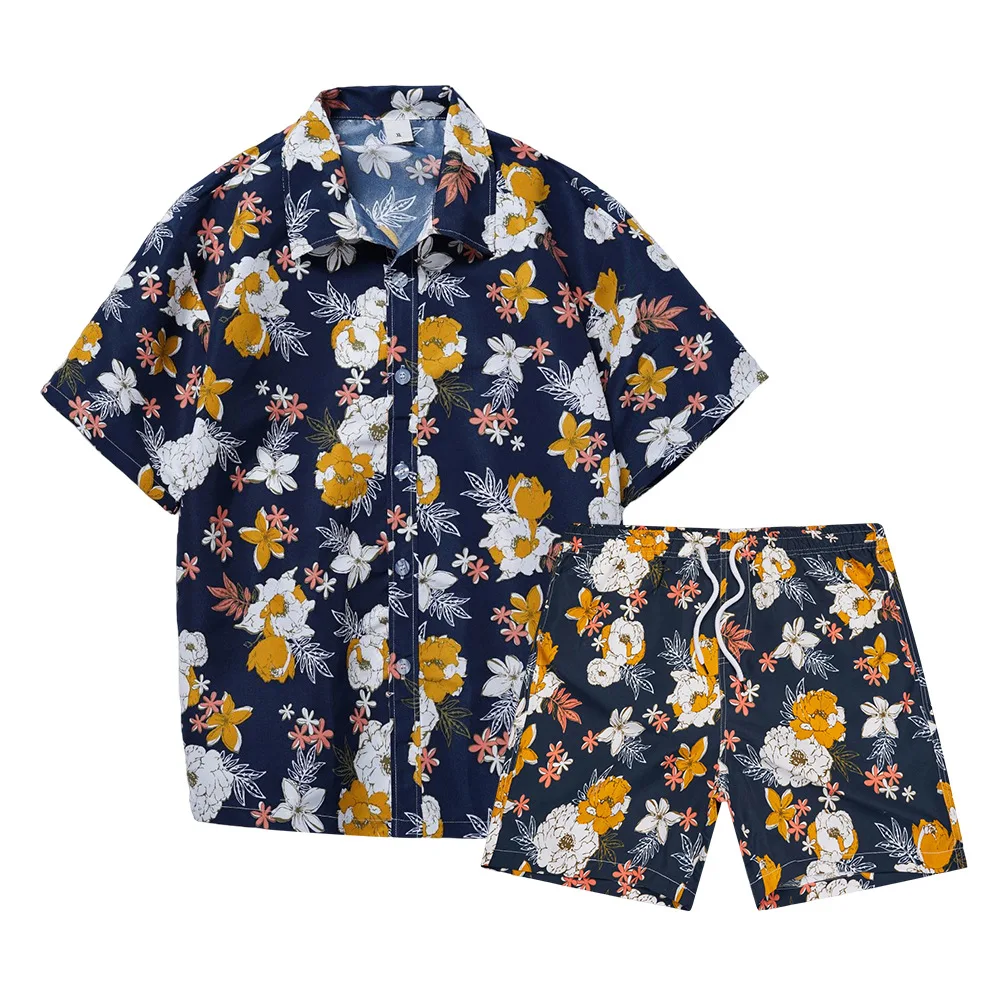 Ready to ship aloha beach mens set tropical casual button down hawaiian shirt and shorts sets