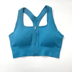Wholesale Custom Logo Yoga Bra Zipper Up Top Fitness Workout Suit Ribbed Seamless Sports Bra