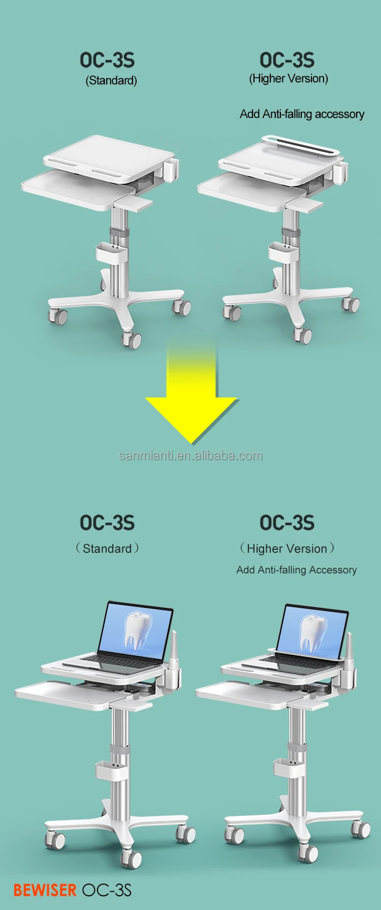 Hot Sell Hospital Mobile Medical Computer Cart Laptop Hospital Cart Trolley Dentist Clinic Trolley(BEWISER MTO-3)