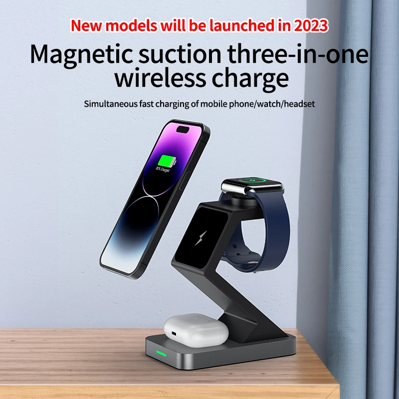 Desktop 3-in-1 QI 15W Wireless Magnetic Fast Charging Station Wireless Charger for Apple Devices for iPhone Watch Airpods