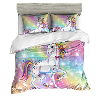 3D Digital print unicorn cartoon cheap duvet cover set for girls home 100% microfiber customized bedding sets