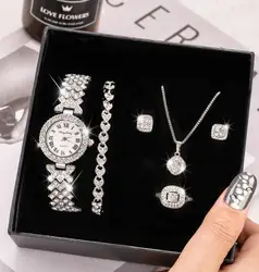 6Pcs Fashion and Luxury Diamond Watch Bracelet Earring Necklace Ring Watch Set Men's and Women's Best Christmas Gifts