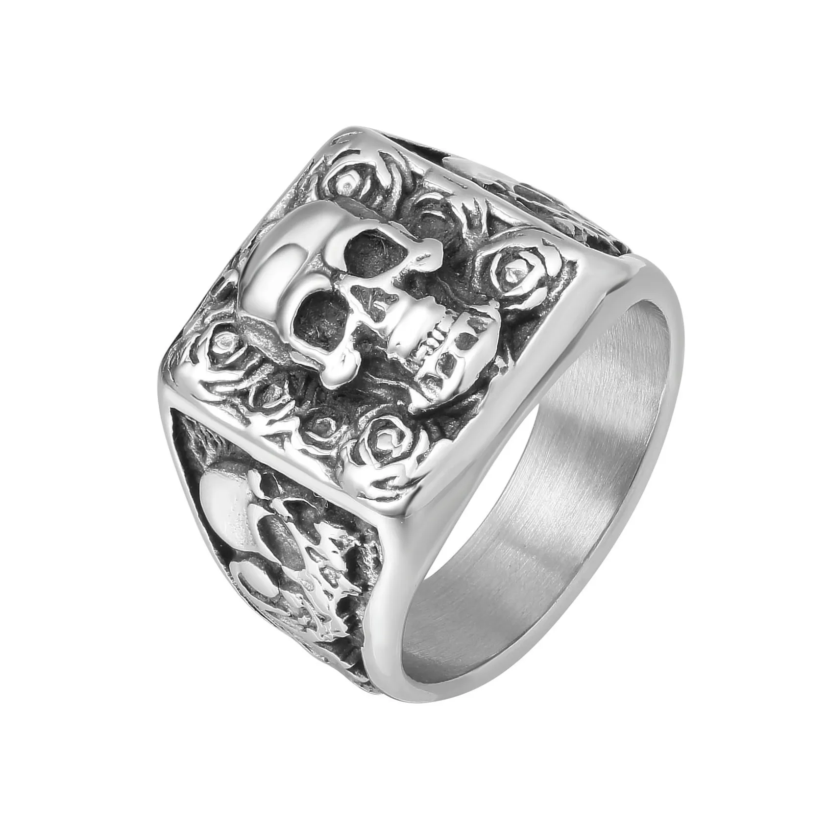 Vintage Gothic Stainless Steel Halloween Skull Roses Ring Skeleton Ring