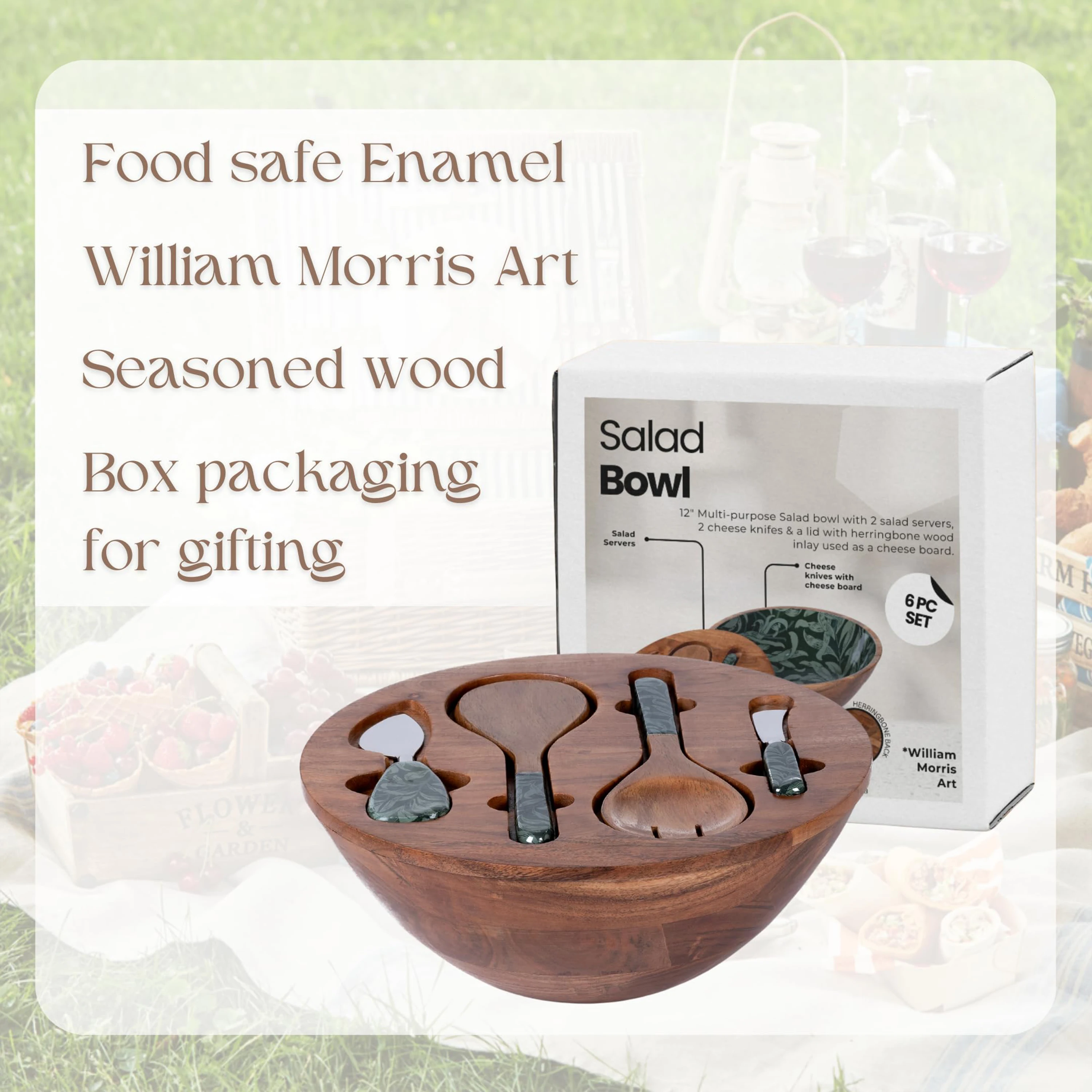 product acacia wood salad bowl set with utensils enamel printed salad spatula and cheese knife serving bowl with lid for kitchen party-5