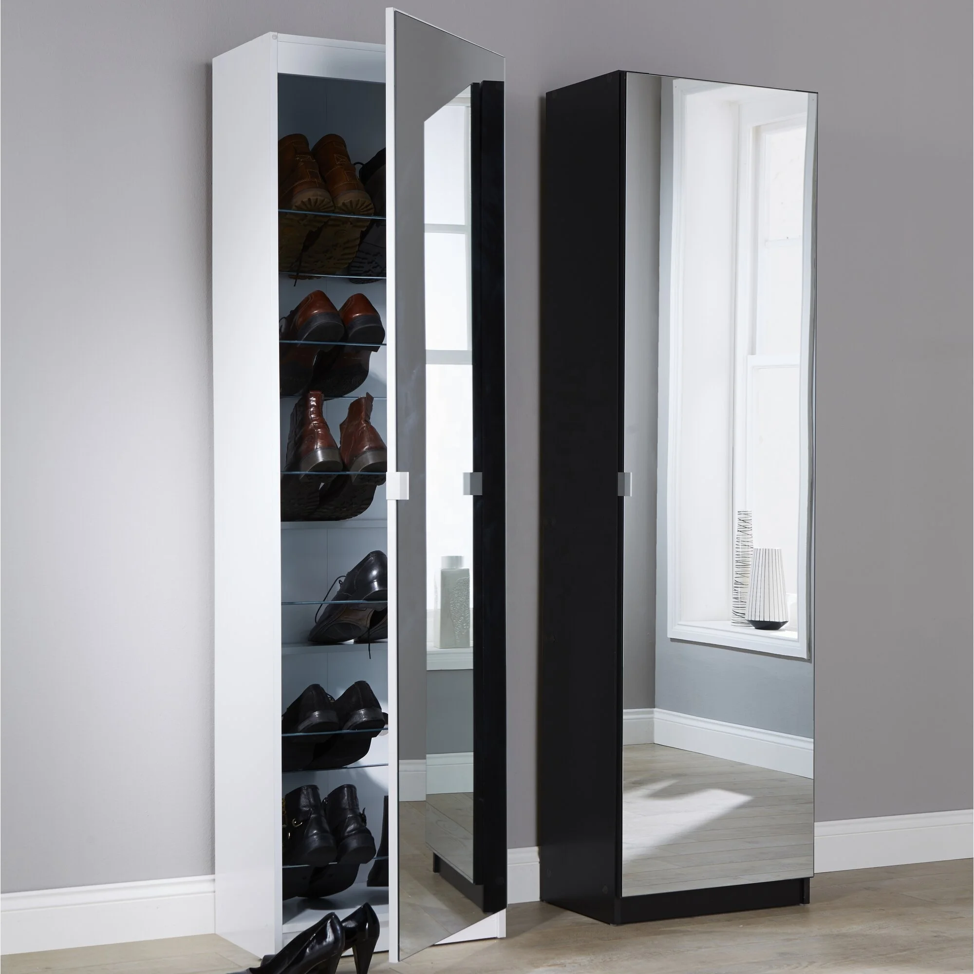 NOVA Modern Wooden Frame 18 Pairs Full Mirror Shoe Cabinet Shoe Rack Shoe Cabinets With Glass Doors