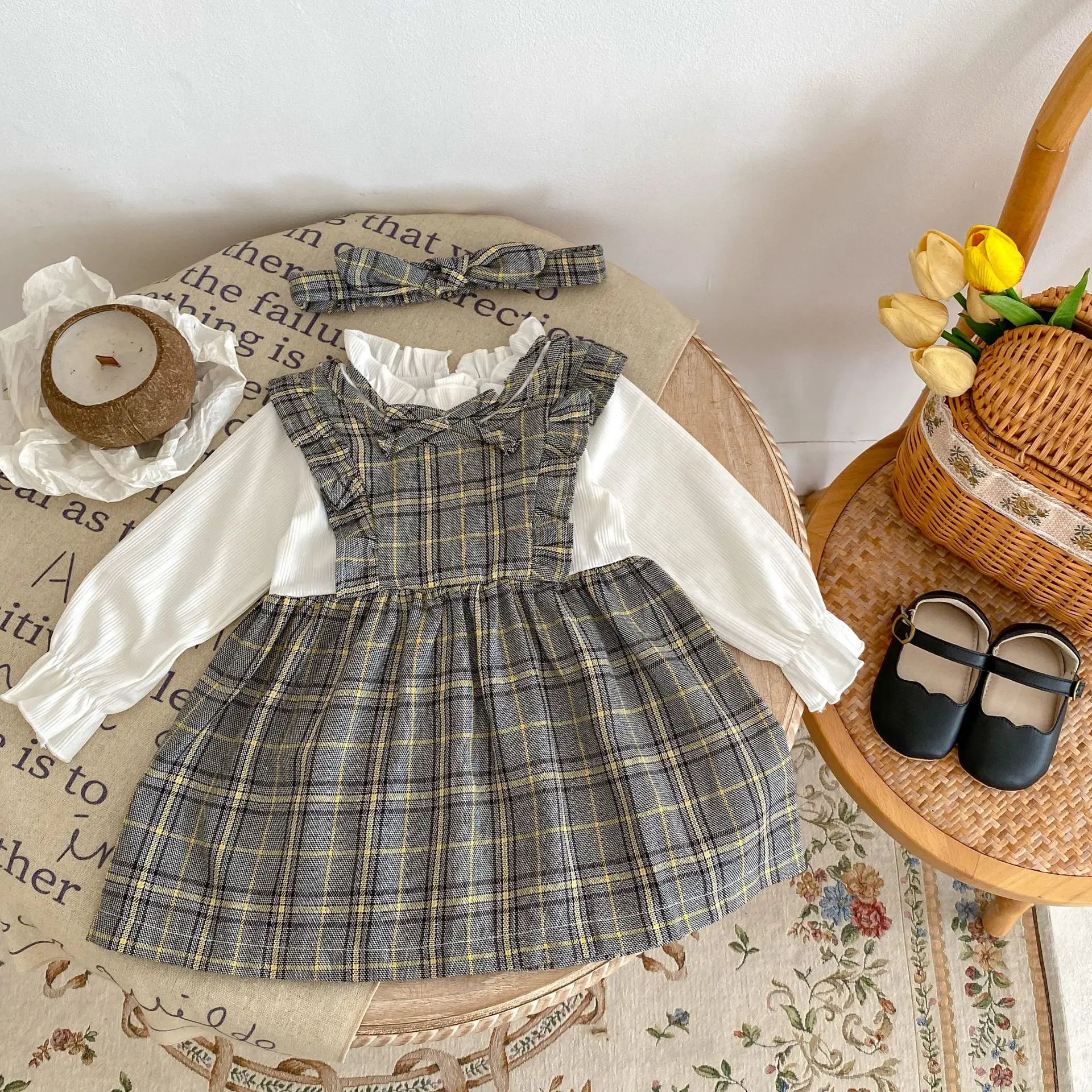 Engepapa Autumn 0-3 Year Old Girls' Checkered Panel Skirt Long Sleeve Children's Dress Baby Clothes