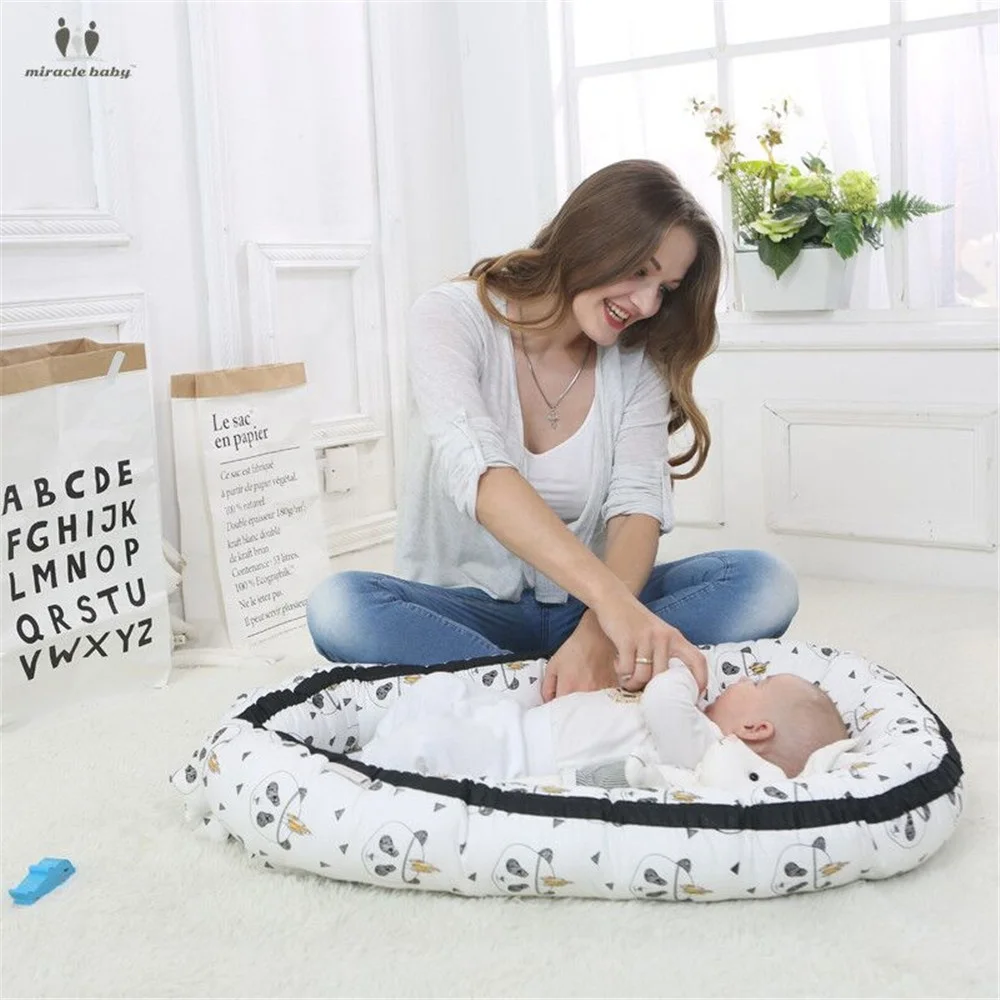 Baby Nest Baby Bassinet for Bed Grey Striped Baby Lounger Baby Nest 100% Cotton Portable Crib for Bedroom/Travel 0-24 Months Breathable Cotton Co-Sleeping Baby Bed Baby Nest