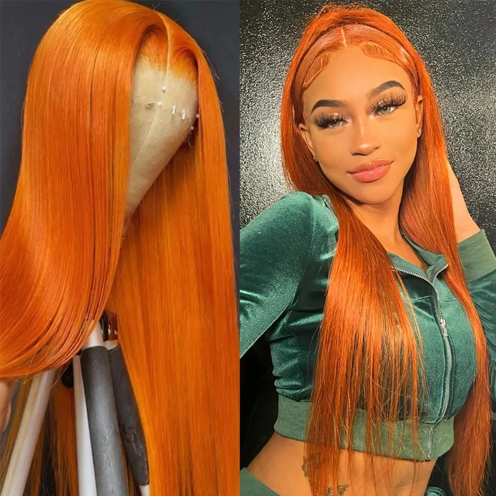Ginger Orange Lace Front Human Hair Wig 13x4 Bone Straight Brazilian Human Hair Wigs Pre Plucked Transparent Lace Frontal Wig