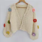 Sweater Cardigan 2021 Factory Custom Women Handmade Wool Sweater Women's Flower Hand Knitted Chunky Sweater Cardigan
