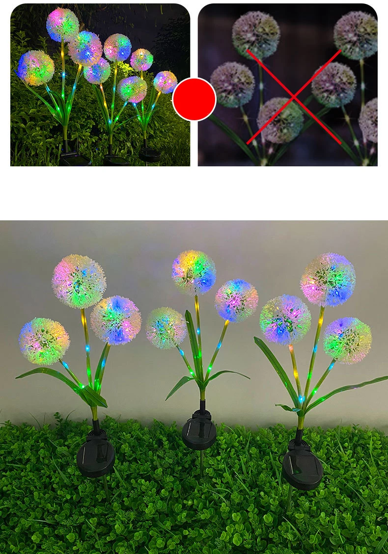 HJH371 Solar 3 LED Lantern Dandelion Light Green Onion Ball Garden Simulation Flower Ground Landscape Flower Lawn Night Light