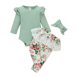Newborn infant baby girl 3pcs clothing set long sleeve solid knitting rib romper+lace floral pants+headband outfits for baby