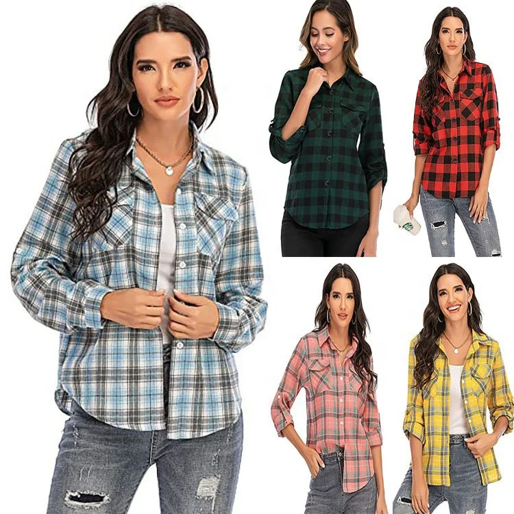 PRETTYGARDEN Women's 2023 Fall Clothes Plaid Shacket Jacket Long Sleeve Button Down Flannel Shirts Fashion Blouse