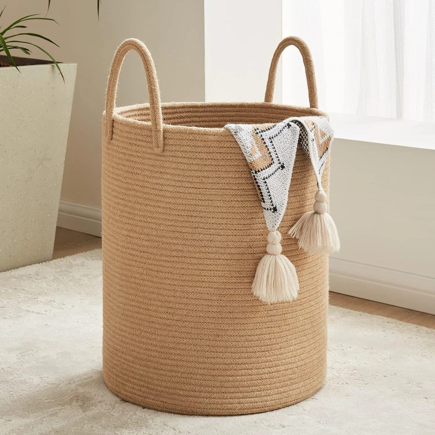 HUAYI Large Woven Cotton Rope Laundry Basket with Handles Decorative laundry Storage Basket