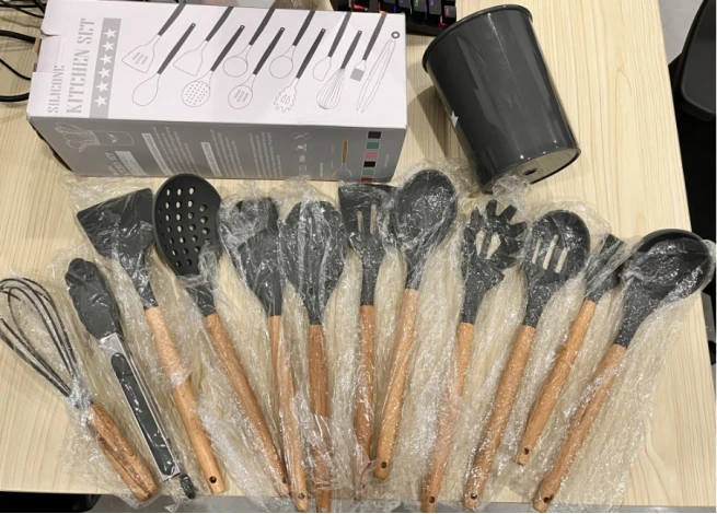 Multifunctional Silicone Kitchen Utensil Set with Wooden Handle Eco-Friendly Egg Beater Spatula Food Clip for Home Kitchen Use factory