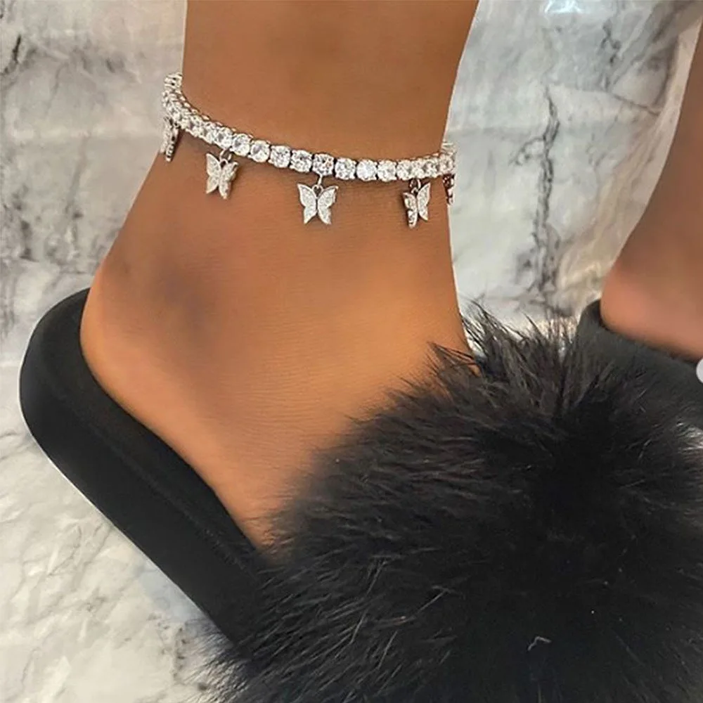 Fashion Jewelry Gold Link Sweet Butterfly Anklets Bling Rhinestone Crystal Tennis Chain Butterfly Ankle Bracelet