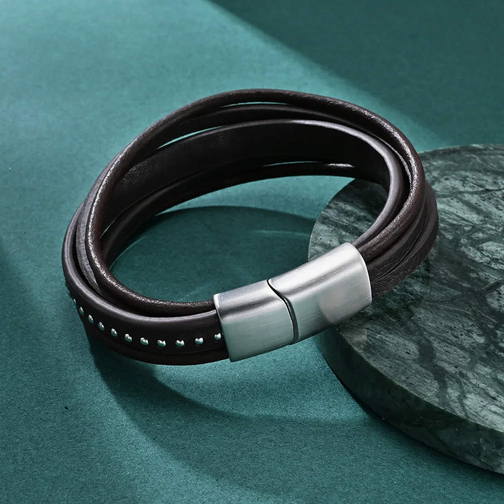Hand-Woven Three-Layer Combination Accessories Stainless Steel Men'S Leather Bracelet