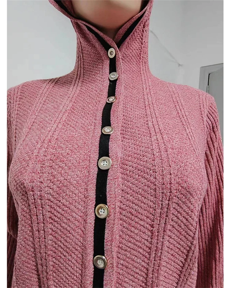 Patchwork Irregular Knitted Cardigan Women Hipster Hooded Long Sleeve Button Up Jackets 2023