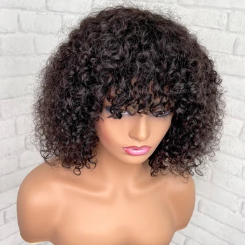 Curly Short Pixie Cut Bob Human Hair Wig With Bangs Non Lace Front Wigs For Black Women Remy PrePlucked With Baby Hair Brazilian
