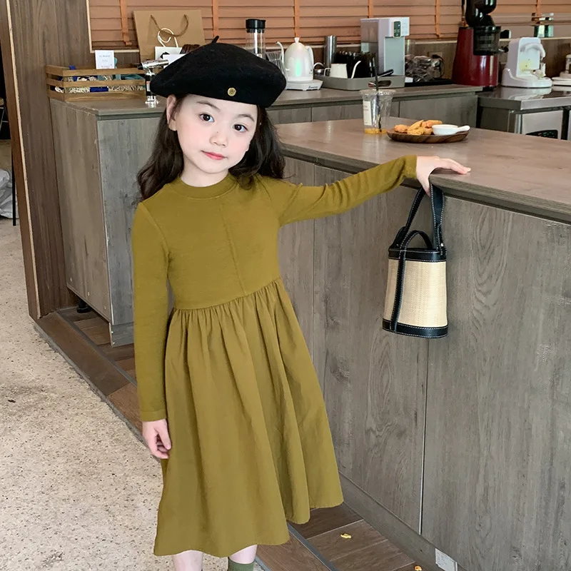 Girls solid color slim-fit Princess skirt Children's autumn and winter style patchwork base dress Children fashion
