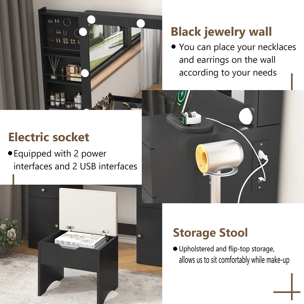 Luxury Makeup Vanity Set Lighted Mirror Quick Charging Socket Tempered-Glass Top Dressing Table Bedroom Furniture Storage factory