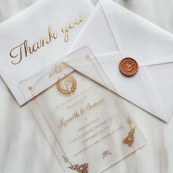 Gold Printing Invitation Card With Seal Acrylic Wedding Invitations With Envelope